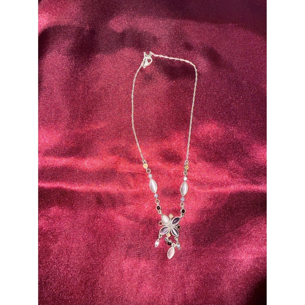 Silver Tone‎ Butterfly Marquise Cabochon Necklace Purple Pink Stones 14 Inch